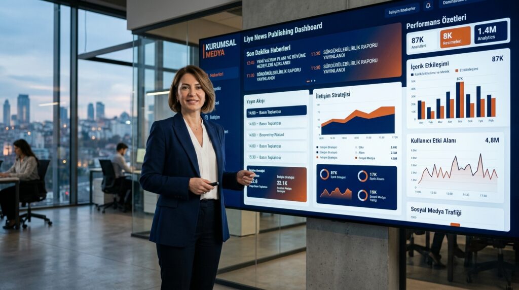 Kurumsal medya yönetim paneli önünde duran iletişim direktörü — dijital ekranda Kurumsal Medya yayın akışı