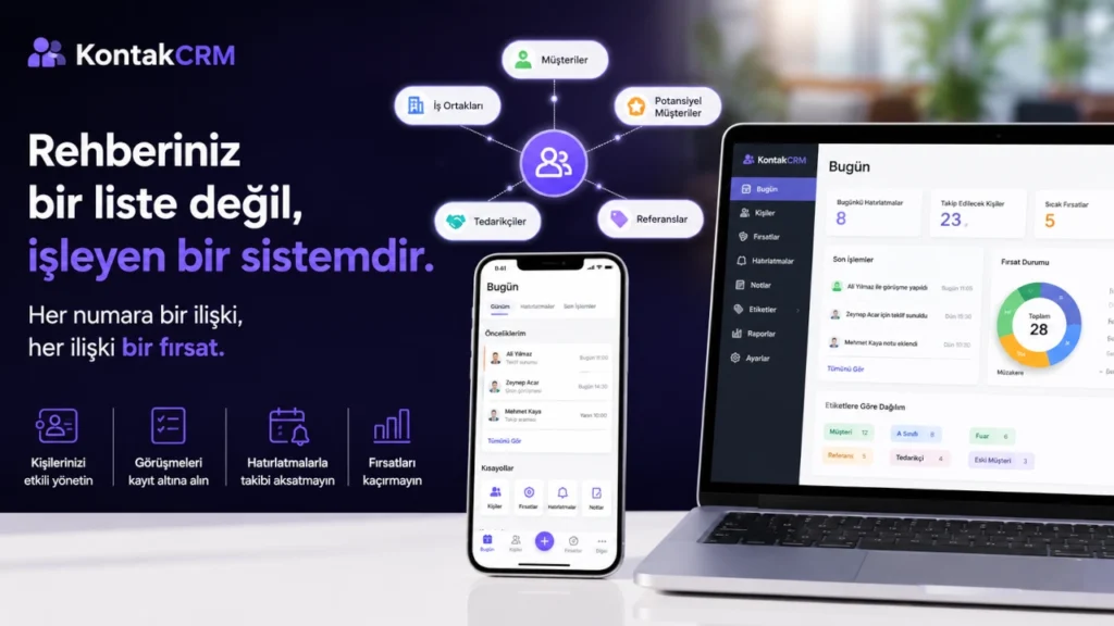 Telefon rehberindeki iş ilişkilerinin CRM sistemiyle yönetilmesini temsil eden dijital ilişki yönetimi görseli.